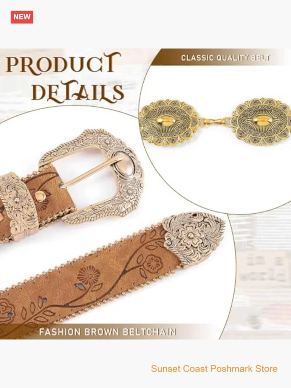 Concho West Embossed Leather Gold Tone Metal Concho Belt Boho Western Adjustable